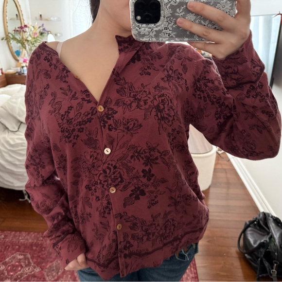Eddie Bauer Burgundy Floral Button Down Shirt - Picture 3 of 5